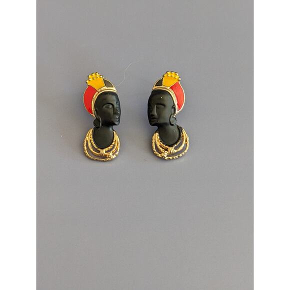 Vintage Unsigned Blackamoor Matte Black Gold Enamel Earrings FLAW - Picture 1 of 6
